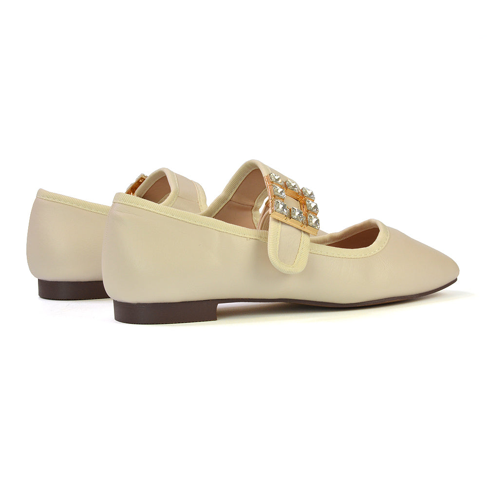 Stan Diamante Buckle Strap Mary Jane Flat Bridal Ballerina Pumps in Nude Synthetic Leather