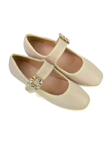 Stan Diamante Buckle Strap Mary Jane Flat Bridal Ballerina Pumps in Nude Synthetic Leather