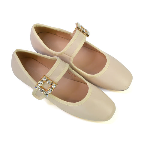 Stan Diamante Buckle Strap Mary Jane Flat Bridal Ballerina Pumps in Nude Synthetic Leather