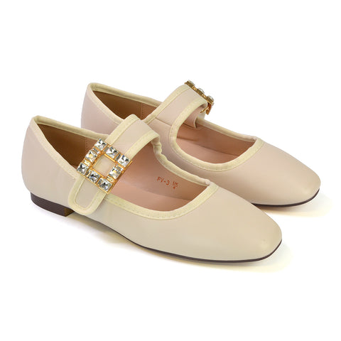 Stan Diamante Buckle Strap Mary Jane Flat Bridal Ballerina Pumps in Nude Synthetic Leather