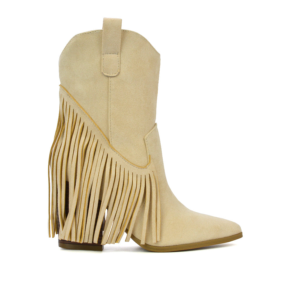 Spencer Pointed Toe Tassel Cowboy Boots with a Block Mid Heel in Beige