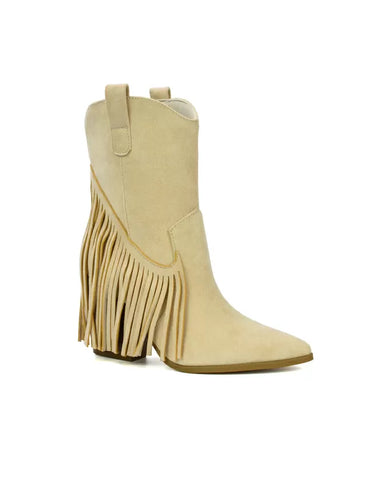 Spencer Pointed Toe Tassel Cowboy Boots with a Block Mid Heel in Beige