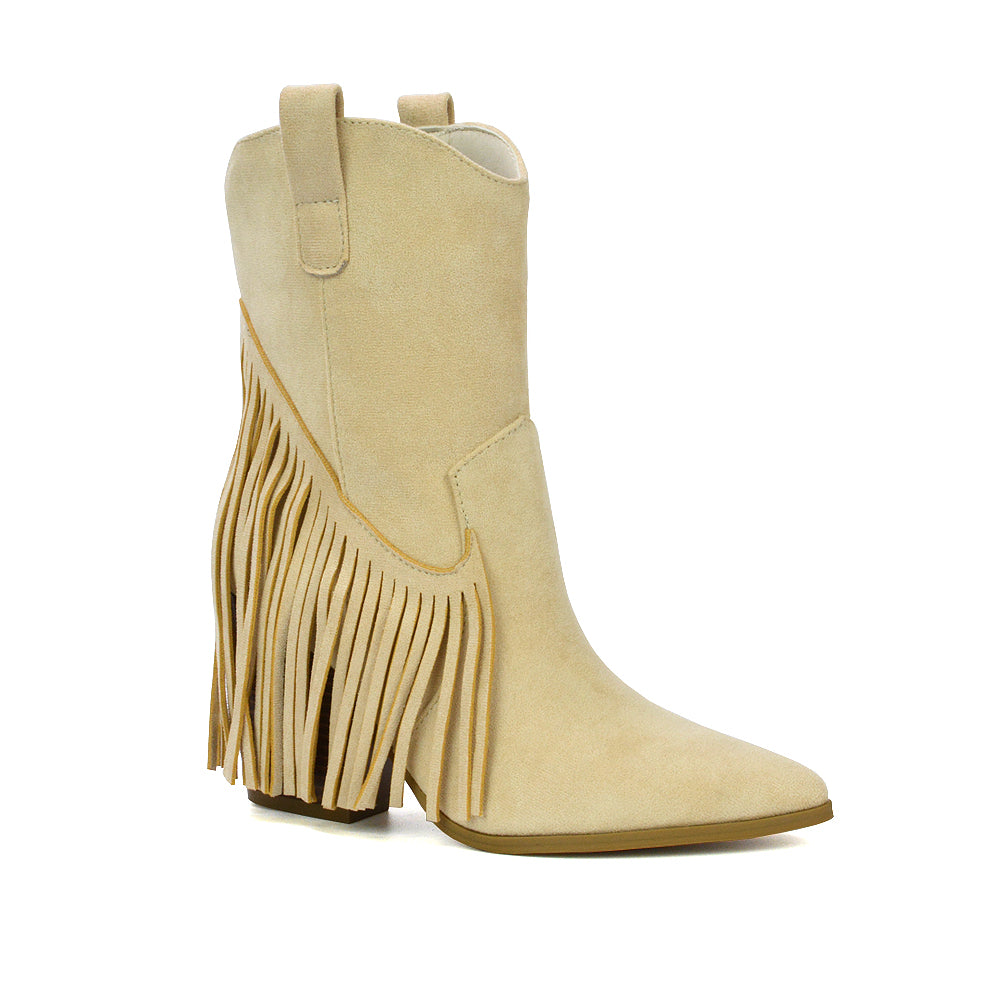 Spencer Pointed Toe Tassel Cowboy Boots with a Block Mid Heel in Beige