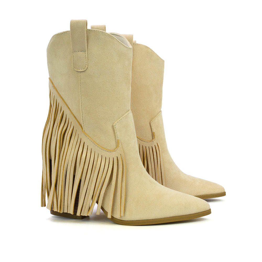 Spencer Pointed Toe Tassel Cowboy Boots with a Block Mid Heel in Beige