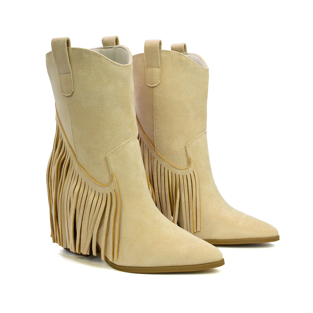 Spencer Pointed Toe Tassel Cowboy Boots with a Block Mid Heel in Beige