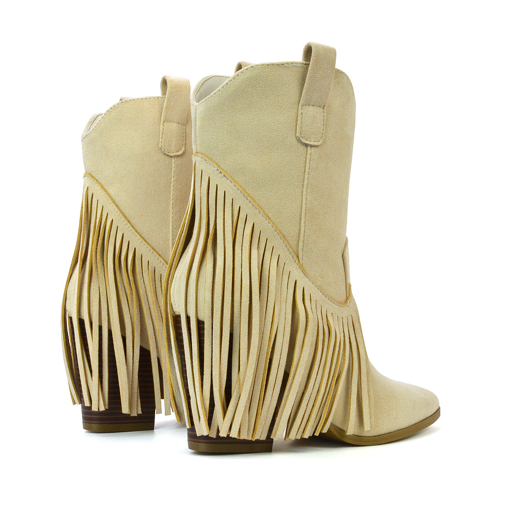 Spencer Pointed Toe Tassel Cowboy Boots with a Block Mid Heel in Beige