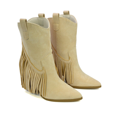Spencer Pointed Toe Tassel Cowboy Boots with a Block Mid Heel in Beige