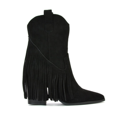 Spencer Pointed Toe Tassel Cowboy Boots with a Block Mid Heel in Black