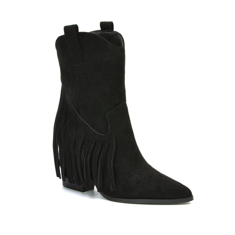 Spencer Pointed Toe Tassel Cowboy Boots with a Block Mid Heel in Black