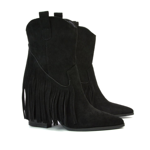 Spencer Pointed Toe Tassel Cowboy Boots with a Block Mid Heel in Black