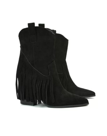 Spencer Pointed Toe Tassel Cowboy Boots with a Block Mid Heel in Black