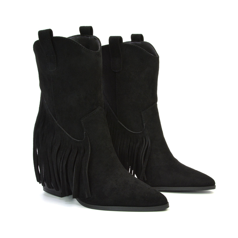 Spencer Pointed Toe Tassel Cowboy Boots with a Block Mid Heel in Black