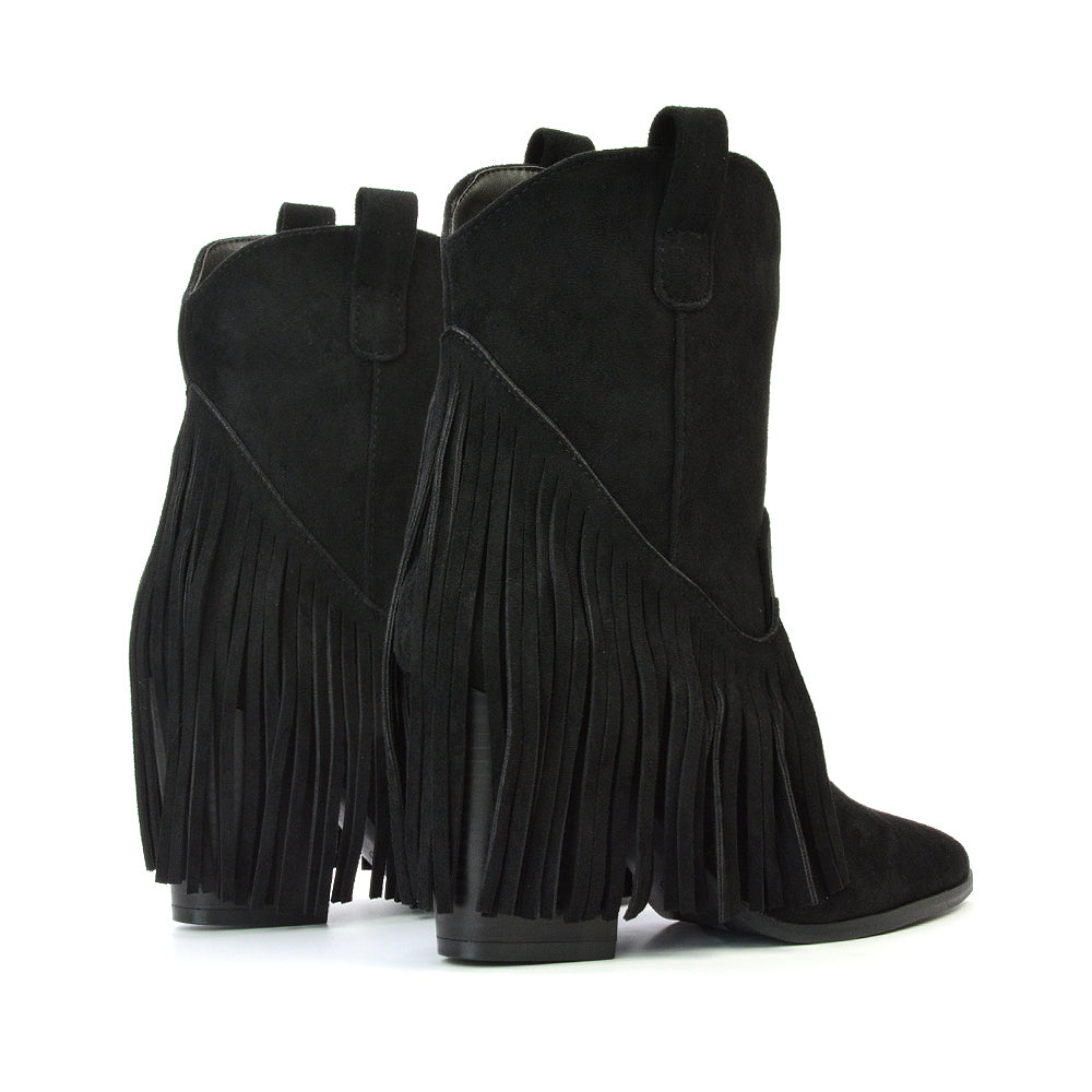 Spencer Pointed Toe Tassel Cowboy Boots with a Block Mid Heel in Black