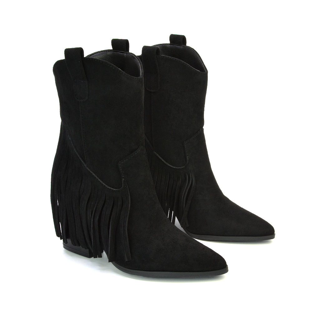 Spencer Pointed Toe Tassel Cowboy Boots with a Block Mid Heel in Black