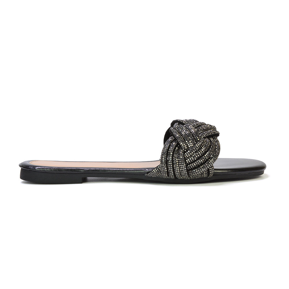 Robin Strappy Square Toe Metallic Summer Diamante Flat Sandal Slides in Black