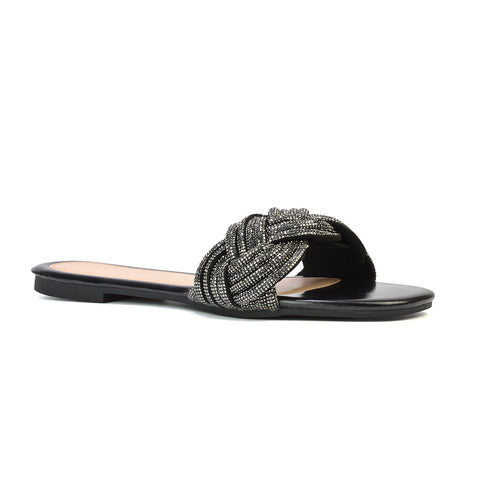 Robin Strappy Square Toe Metallic Summer Diamante Flat Sandal Slides in Black
