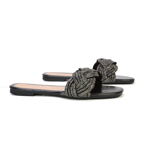 Robin Strappy Square Toe Metallic Summer Diamante Flat Sandal Slides in Black