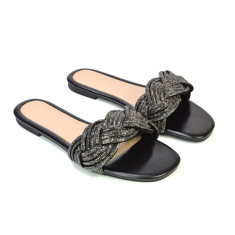 Robin Strappy Square Toe Metallic Summer Diamante Flat Sandal Slides in Black