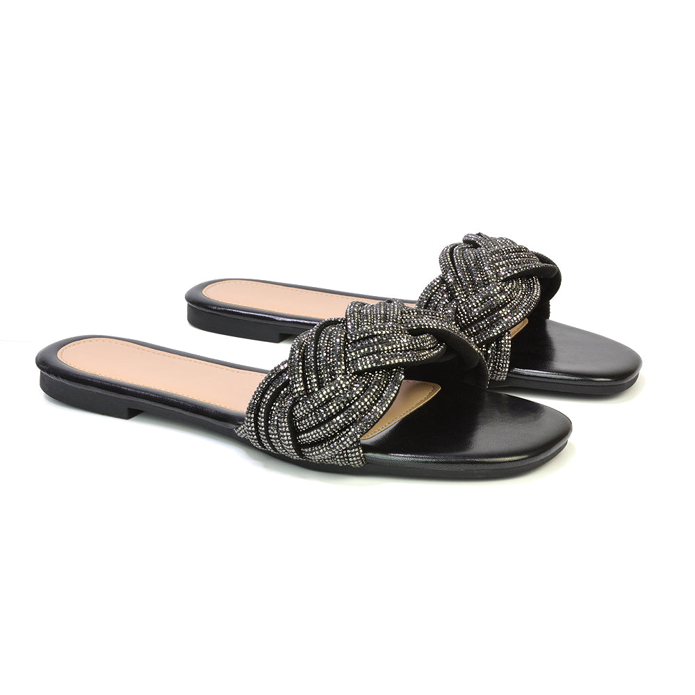 Robin Strappy Square Toe Metallic Summer Diamante Flat Sandal Slides in Black