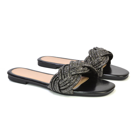 Robin Strappy Square Toe Metallic Summer Diamante Flat Sandal Slides in Gold