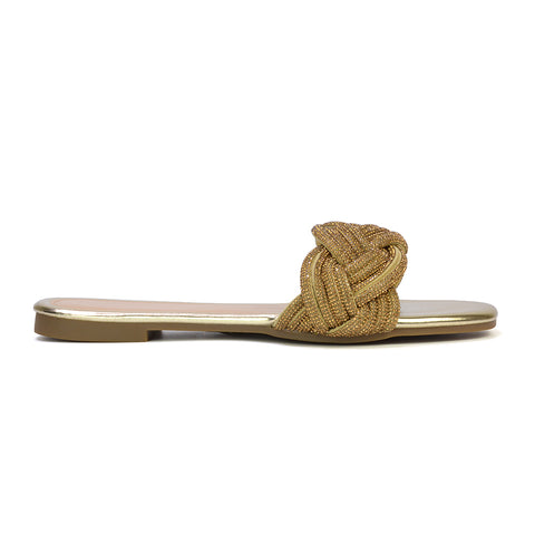 Robin Strappy Square Toe Metallic Summer Diamante Flat Sandal Slides in Gold