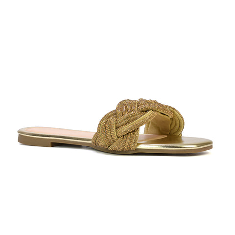 Robin Strappy Square Toe Metallic Summer Diamante Flat Sandal Slides in Gold