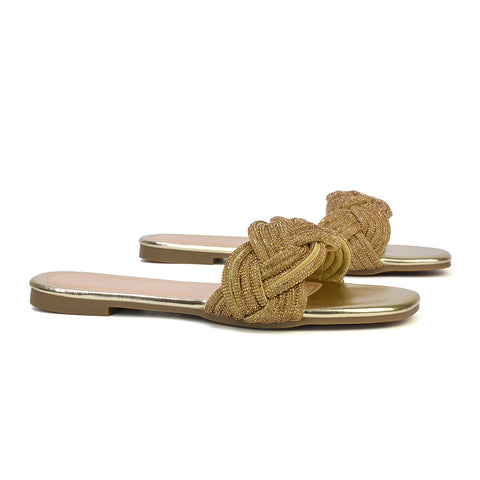 Robin Strappy Square Toe Metallic Summer Diamante Flat Sandal Slides in Gold