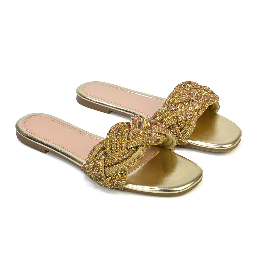 Robin Strappy Square Toe Metallic Summer Diamante Flat Sandal Slides in Gold