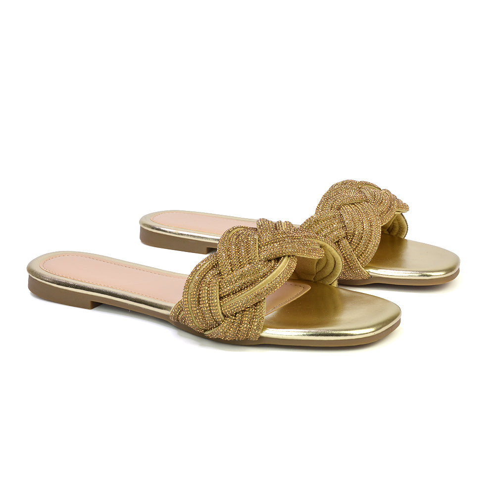 Robin Strappy Square Toe Metallic Summer Diamante Flat Sandal Slides in Gold