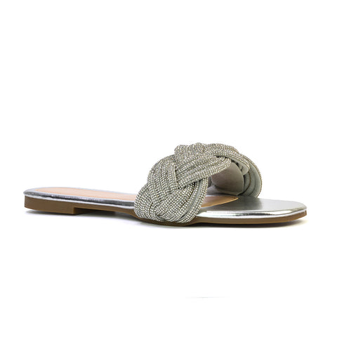 Robin Strappy Square Toe Metallic Summer Diamante Flat Sandal Slides in Gold