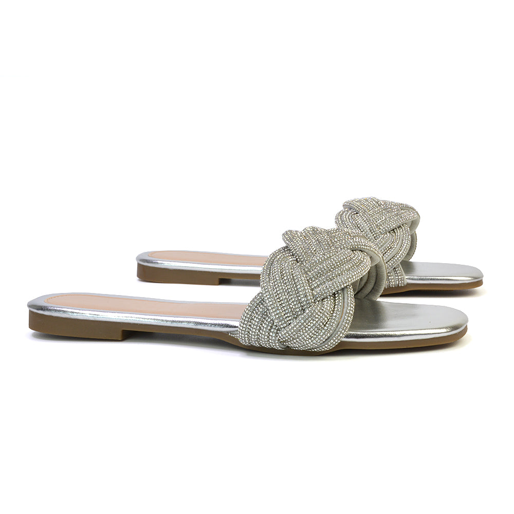 Robin Strappy Square Toe Metallic Summer Diamante Flat Sandal Slides in Black