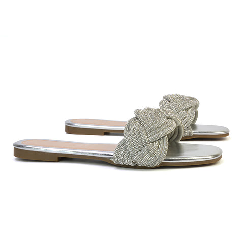 Robin Strappy Square Toe Metallic Summer Diamante Flat Sandal Slides in Gold