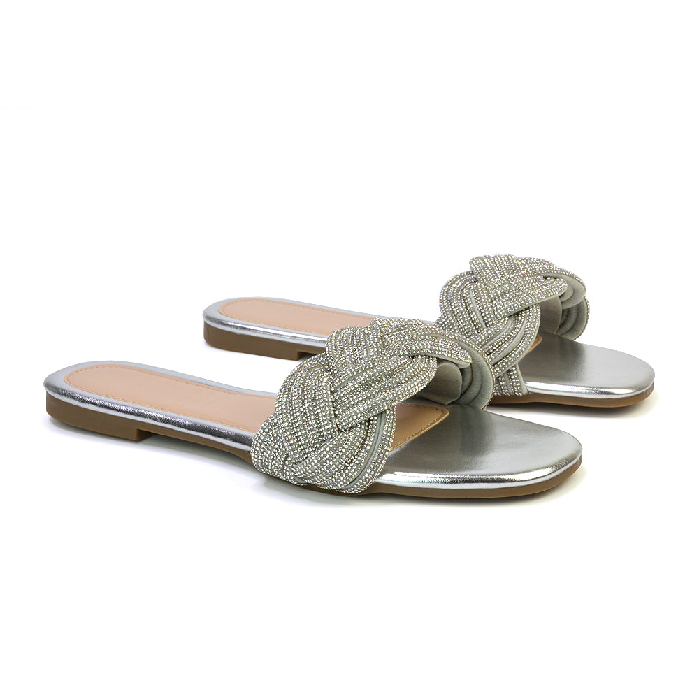 Robin Strappy Square Toe Metallic Summer Diamante Flat Sandal Slides in Gold