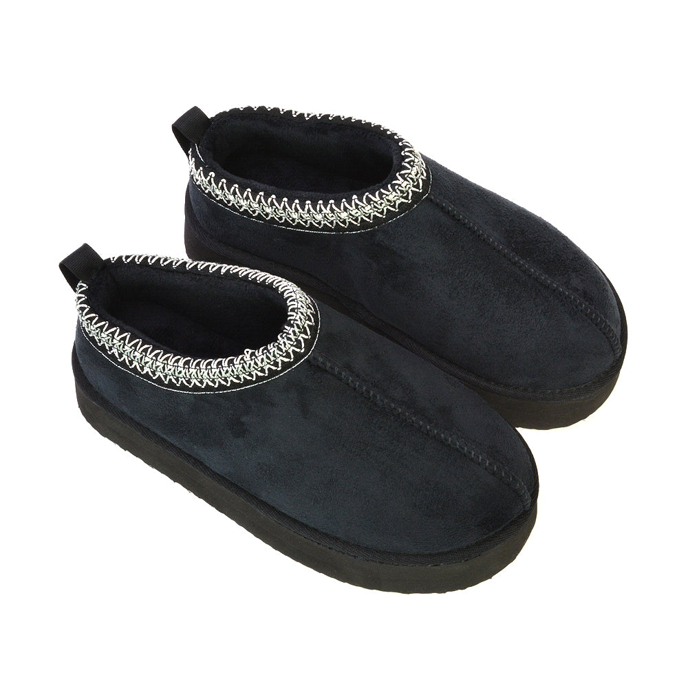 Casey Aztec Micro Slip On Flatform Faux Fur Insole Slippers in Black
