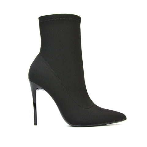 Felix Pointed Toe Stretchy Sock Ankle Boots With Stiletto Heel in Black Patent