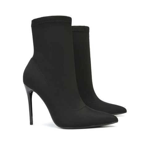 Felix Pointed Toe Stretchy Sock Ankle Boots With Stiletto Heel in Black Patent
