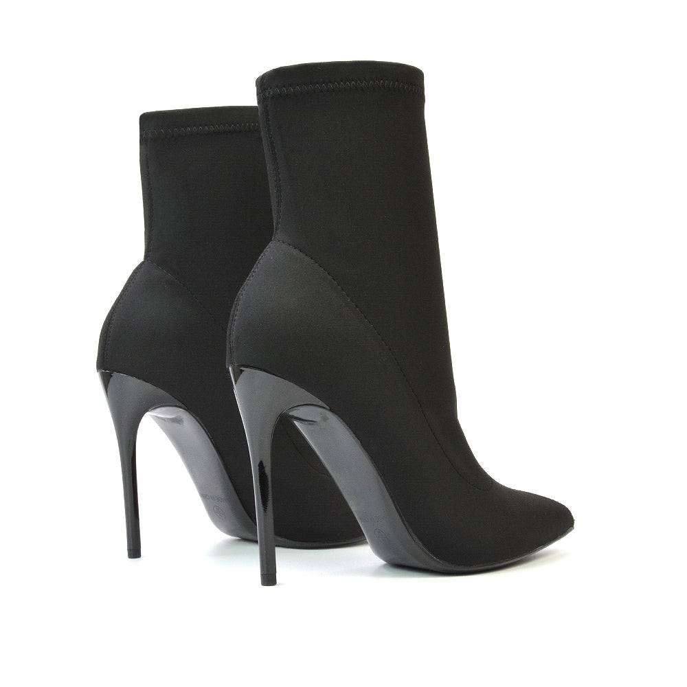 Felix Pointed Toe Stretchy Sock Ankle Boots With Stiletto Heel in Black Lycra