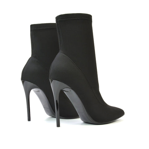 Felix Pointed Toe Stretchy Sock Ankle Boots With Stiletto Heel in Black Patent