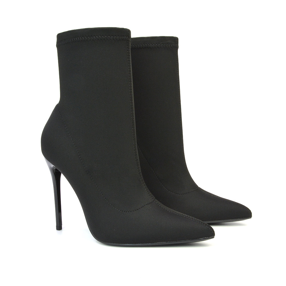 Felix Pointed Toe Stretchy Sock Ankle Boots With Stiletto Heel in Black Lycra