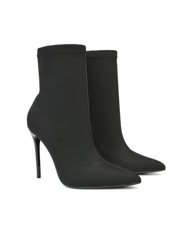 Felix Pointed Toe Stretchy Sock Ankle Boots With Stiletto Heel in Black Patent