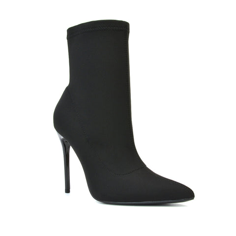 Felix Pointed Toe Stretchy Sock Ankle Boots With Stiletto Heel in Black Lycra