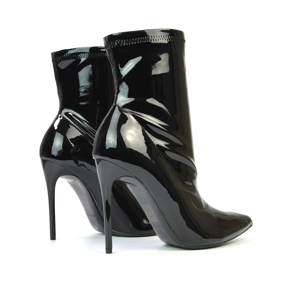 Felix Pointed Toe Stretchy Sock Ankle Boots With Stiletto Heel in Black Patent