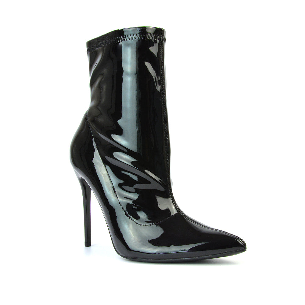 Felix Pointed Toe Stretchy Sock Ankle Boots With Stiletto Heel in Black Lycra