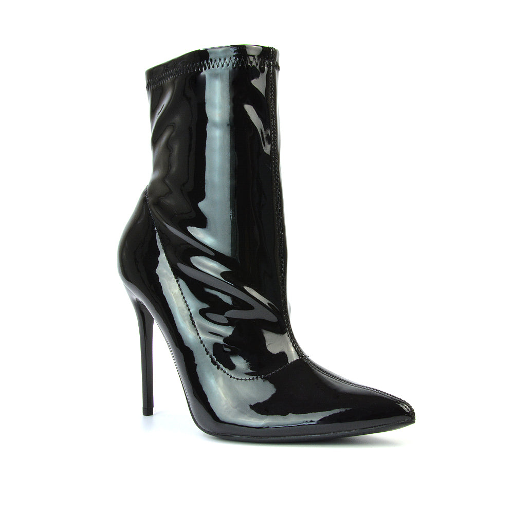 Felix Pointed Toe Stretchy Sock Ankle Boots With Stiletto Heel in Black Patent