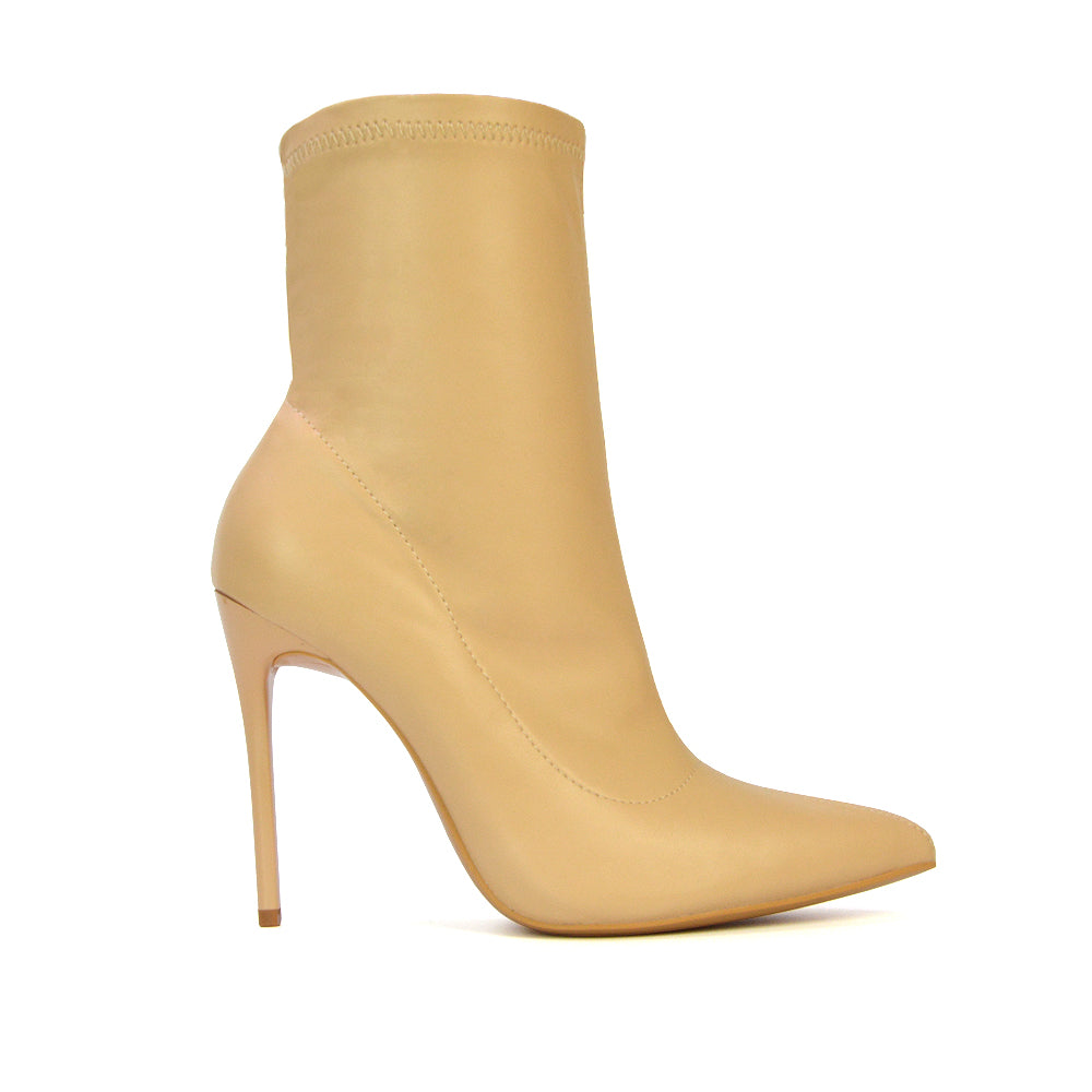Felix Pointed Toe Stretchy Sock Ankle Boots With Stiletto Heel in Nude