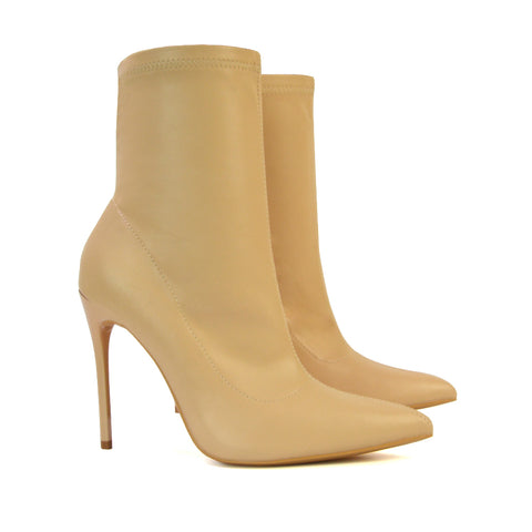 Felix Pointed Toe Stretchy Sock Ankle Boots With Stiletto Heel in Nude