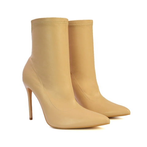 Felix Pointed Toe Stretchy Sock Ankle Boots With Stiletto Heel in Nude