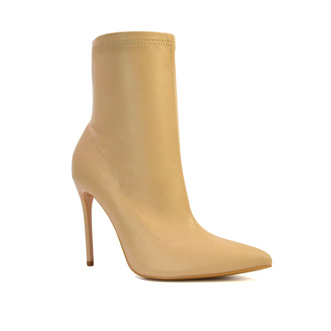 Felix Pointed Toe Stretchy Sock Ankle Boots With Stiletto Heel in Nude