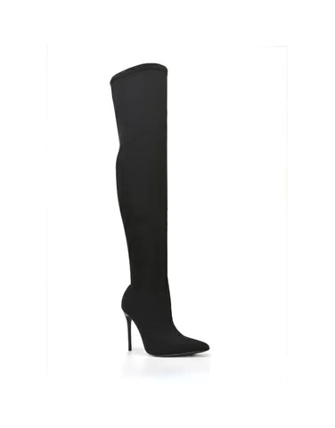 HAWKINS POINTED TOE STILETTO HIGH HEEL OVER THE KNEE HIGH SOCK BOOT HEELS IN BLACK FAUX SUEDE