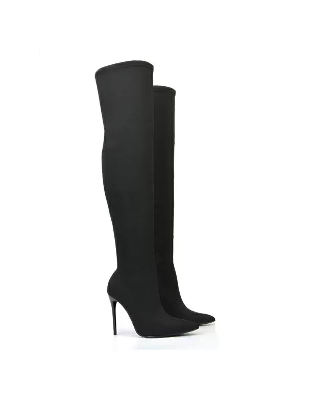 HAWKINS POINTED TOE STILETTO HIGH HEEL OVER THE KNEE HIGH SOCK BOOT HEELS IN BLACK FAUX SUEDE